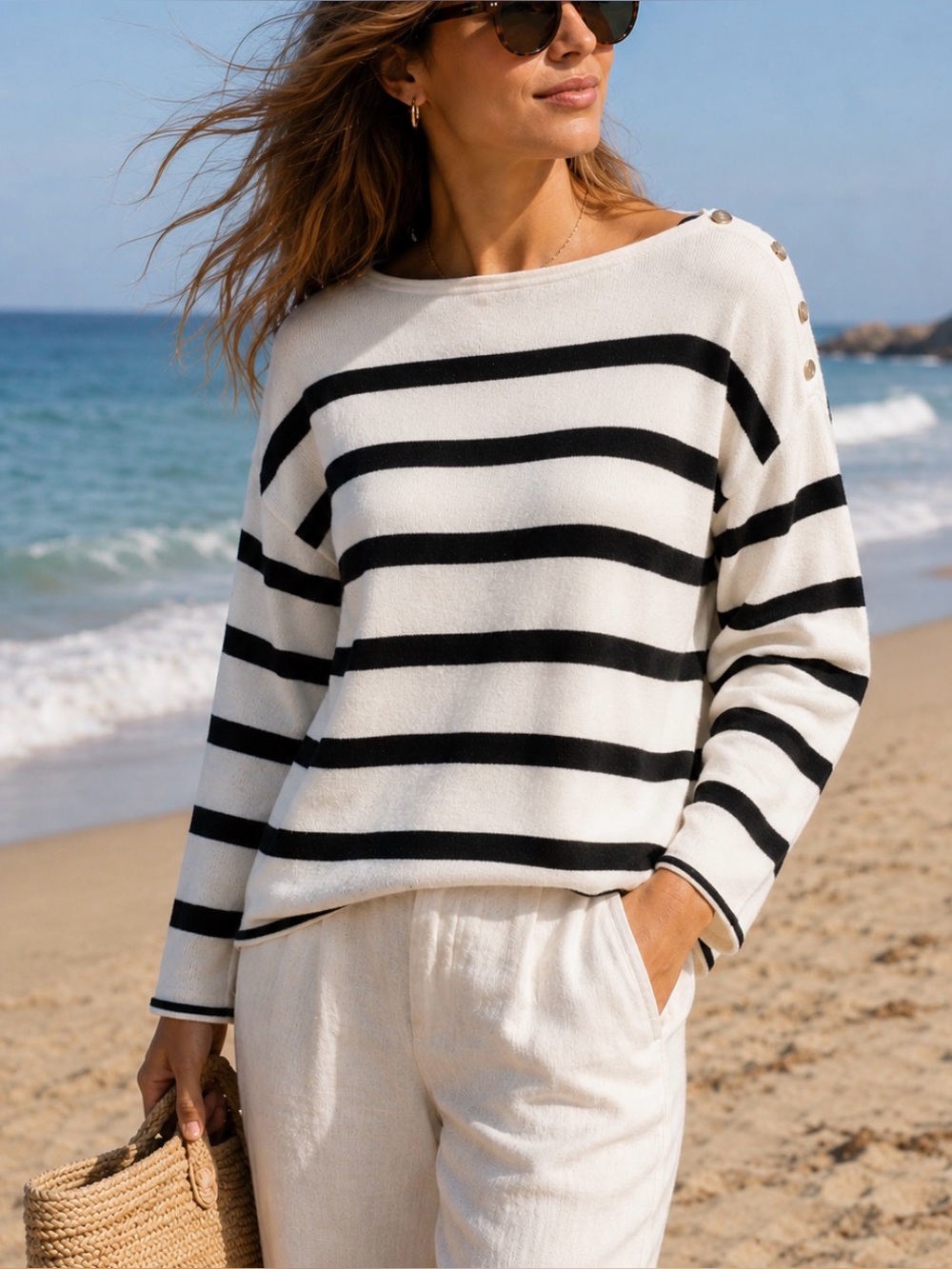Vila Milano Striped Boatneck Button-Shoulder Sweater - White/Black Super Soft